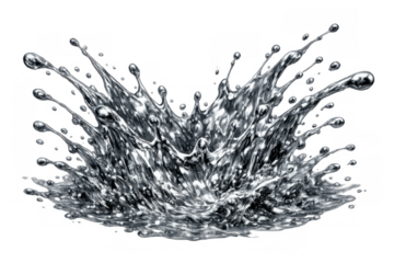Liquid metal splashing, forming an abstract chrome crown with reflective droplets, isolated on transparent background