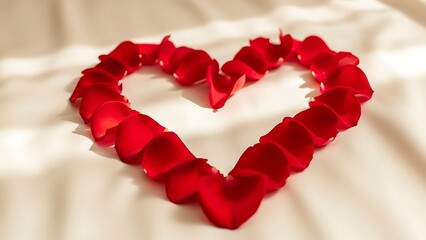 Red rose petals form heart shape on white fabric background