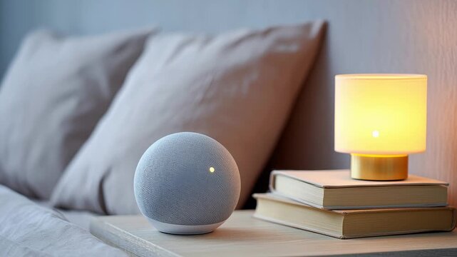 Cozy bedroom scene with smart speaker and glowing lamp on bedside table