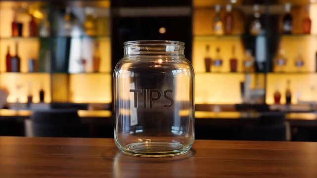 Empty tip jar on bar counter with warm evening lighting