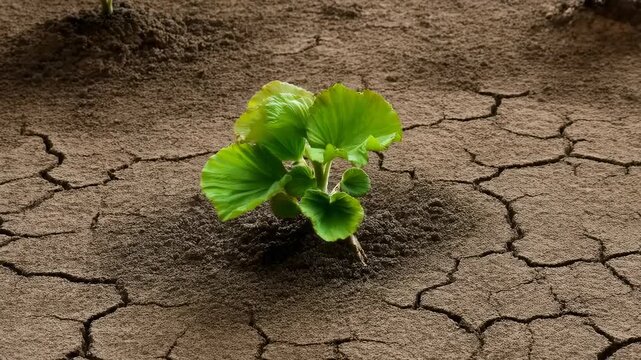 Timelapse of plant growth and wilting on dry cracked soil under changing conditions