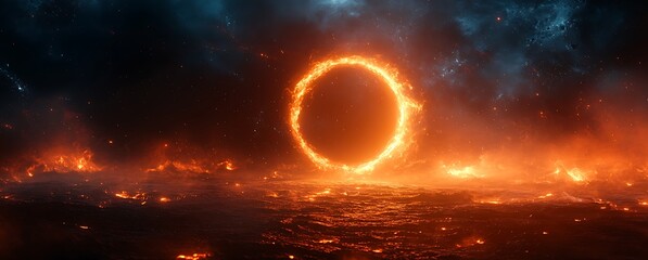 Obraz premium Fiery ring portal in a cosmic landscape with glowing lava and nebulae fire flame
