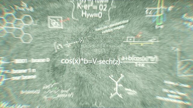 Abstract animated visualization of mathematical and physical formulas floating in space, conveying complex scientific thinking, research processes, and advanced theoretical problem solving.