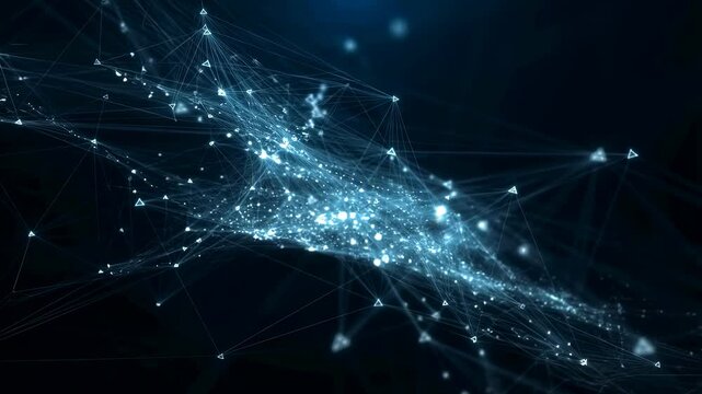 Abstract digital network with glowing particles and interconnected lines. Represents data flow, technology, and innovation in the digital age