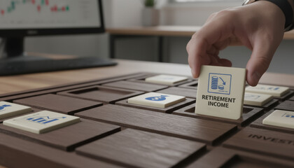 Retirement income concept with hand placing tile on wooden board representing compound interest and financial planning for future security