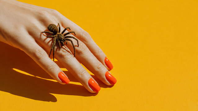 Grosse araign&eacute;e sur la main d'une femme avec les ongles vernis