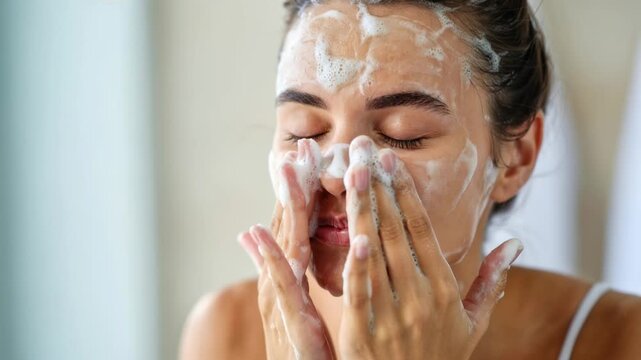 Young woman washing face with foam cleanser during morning skincare routine, promoting facial hygiene and healthy skin.