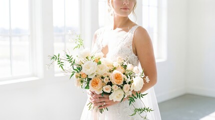 Bride Holding Peach And White Rose Bouquet In Bright White Room