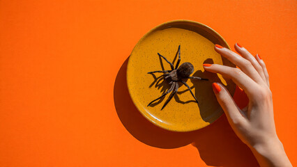 Grosse araign&eacute;e dans une assiette, a cot&eacute; la main d'une femme avec les ongles vernis