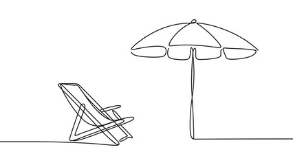 minimal line art beach chair and umbrella illustration, simple outline summer vacation seaside relaxation concept, hand drawn outdoor leisure design © Mushtaq