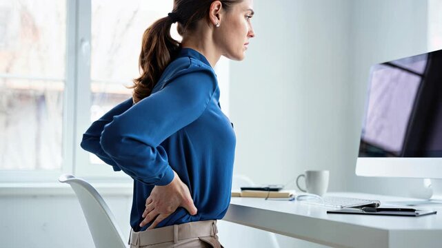 Businesswoman suffering from lower back pain while sitting at desk in office, concept of posture problems and ergonomic issues in workplace.
