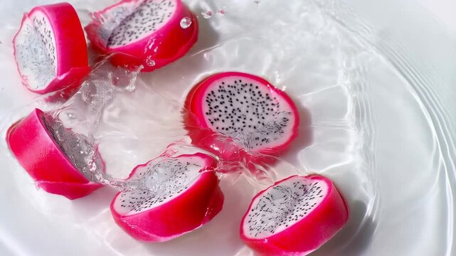 Sliced dragon fruit splashing into water creating vibrant waves and ripples