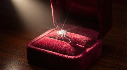 Sparkling Diamond Engagement Ring In Open Red Velvet Box With Lens Flare