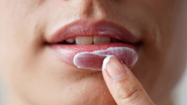 Close up of woman applying moisturizing balm on dry lips for hydration and protection.