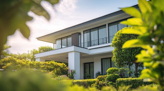 frontyard. A modern suburban house with clean lines, bathed in natural daylight and surrounded by greenery. real-estate listings.