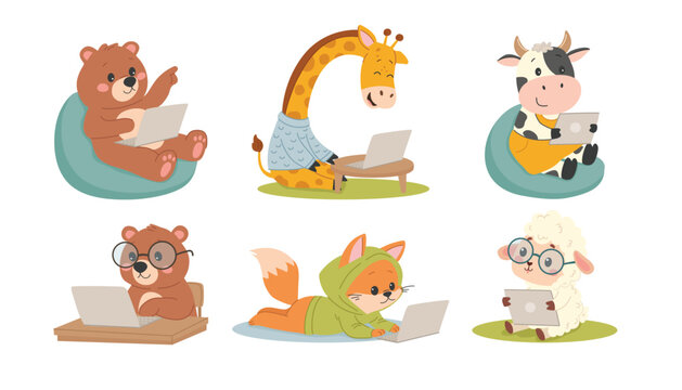 Cute cartoon animals working on a laptop. Vector illustration in a flat style.  The concept of computer courses for children