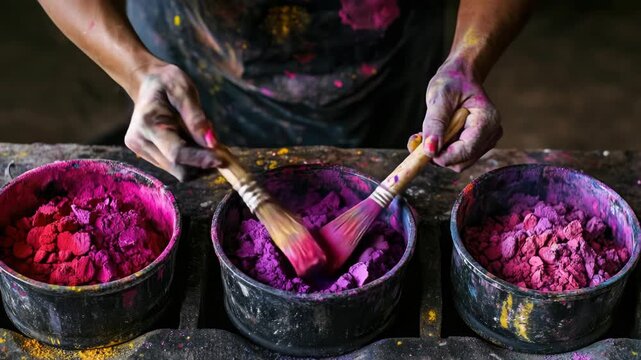 An artist's hands, covered in paint, mixing colors from a palette on a wooden table.