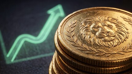 Gold Coins Stack with Lion Relief and Glowing Green Rising Arrow Graph