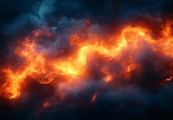 Fototapeta premium Intense orange fire swirls and smoke against a dark blue cosmic background flame swirling