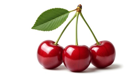 A vibrant trio of fresh, ripe red cherries with a delicate green leaf and slender stems, beautifully arranged against a crisp white background, perfect for summer fruit and healthy eating