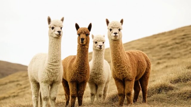 A group of alpacas standing on a grassy hill, captured at eye level. The video style is natural and serene, highlighting their curious expressions. Live desktop wallpaper.