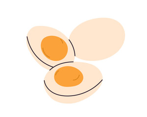 Cooked chicken eggs, whole and halved pieces, nutritious breakfast food with boiled yolk, natural protein ingredient isolated on white background flat graphic vector illustration.