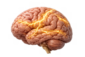 Human brain experiencing electrical activity, showing neural impulses, ideas, and thought processes on transparent background