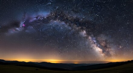 Obraz premium Panoramic view of the Milky Way galaxy over a serene landscape at dusk from a low vantage point j (34).jpg