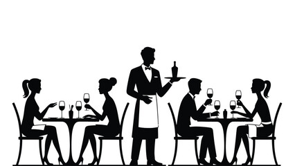 A waiter serves wine to couples dining at a restaurant with a minimalist aesthetic