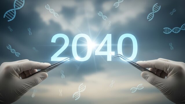 Gloved hands hold tweezers precisely pointing towards the luminous year "2040" surrounded by abstract dna helixes against a bright sky.