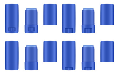 Mockup of thin open cosmetic sticks with rotating bottom wheel. Cosmetic tube. Face contouring pen, highlighter or bronzer. Concealer or foundation. Dark blue containers