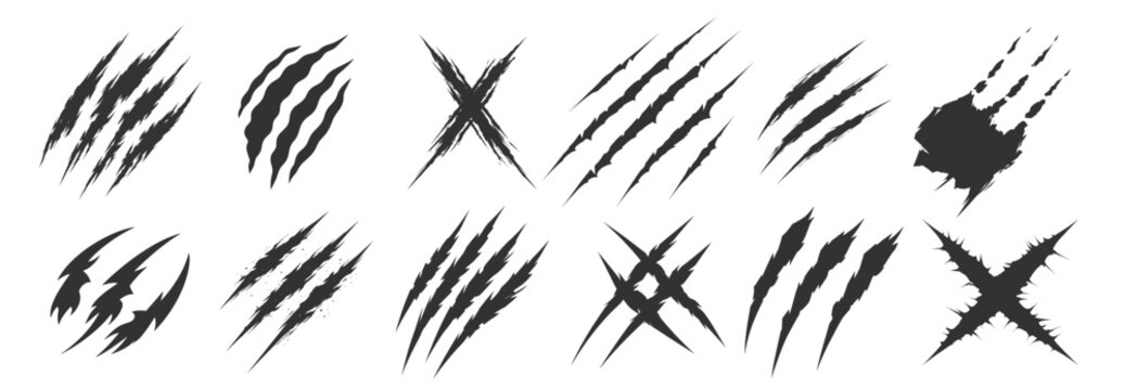 Claw scratch marks set, grunge slash damage collection, abstract ripped torn scratches vector silhouettes on transparent background