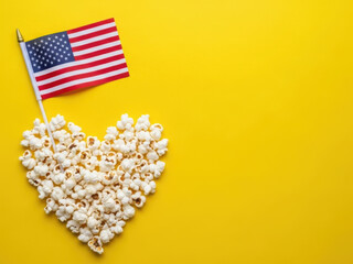 Heart shaped popcorn with american flag on yellow background