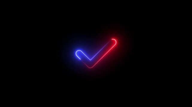 right aproval icon animation, Animation of check mark icon background in neon light. Neon Tick mark icon seamless loop.Glowing neon line Tick mark or confirm icon animation.