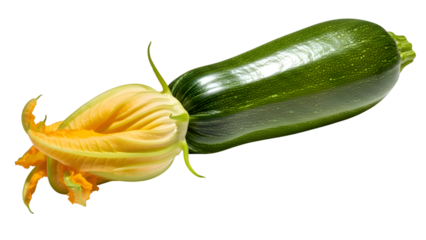 Fresh green zucchini with yellow flower isolated on transparent background