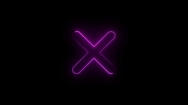 neon wrong icon  animation on black background,Glowing neon cross mark icon with vibrant light effects, symbolizing error, cancel, wrong, or close actions, Wrong symbol neon cross line