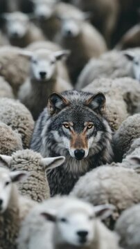 A lone wolf surrounded by a herd of sheep.
