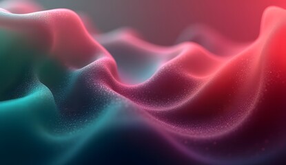 Obraz premium Abstract visualization of flowing fabric texture with shimmering particles illuminated by vibrant pink and teal gradients suggesting dynamic digital motion or sound waves