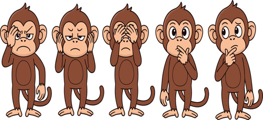 Funny brown cartoon monkey character set showing different emotions like thinking covering eyes and ears vector illustration isolated on white background for mascot design © Rina