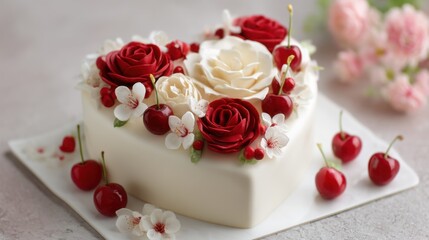 Heart-shaped cake adorned with intricate floral designs and cherries, perfect for special occasions and celebrations