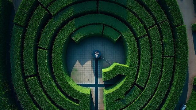 stutter. Aerial view of a hedge maze shaped like a question mark with a light symbol at its end. travel magazines, destination branding, designed for outdoor magazines and nature guides.