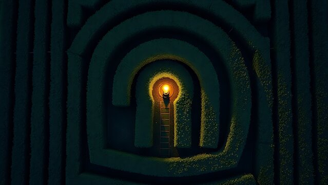 stutter. Aerial view of a hedge maze shaped like a question mark with a light symbol at its end. travel magazines, destination branding, designed for outdoor magazines and nature guides.
