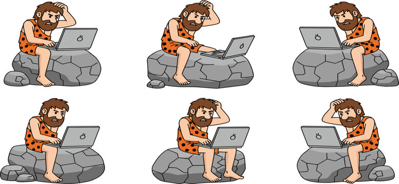 Funny cartoon caveman sitting on a stone rock using a modern laptop computer with a confused expression, vector illustration set isolated on white background