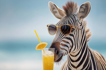 Fototapeta premium Zebra wearing sunglasses enjoying a tropical cocktail at the beach symbolizing fun vacation lifestyle freedom and summer humor, Generative AI