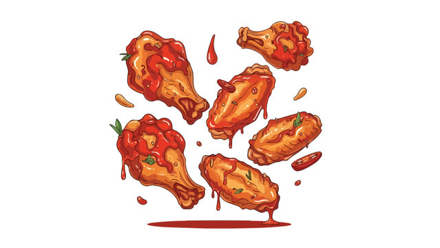 Dynamic illustration of golden fried chicken drumsticks and wings, coated in vibrant dripping hot sauce with chili flakes and green herbs, delicious