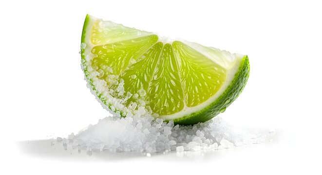 A single, perfect lime wedge dipped in coarse salt, isolated on white.