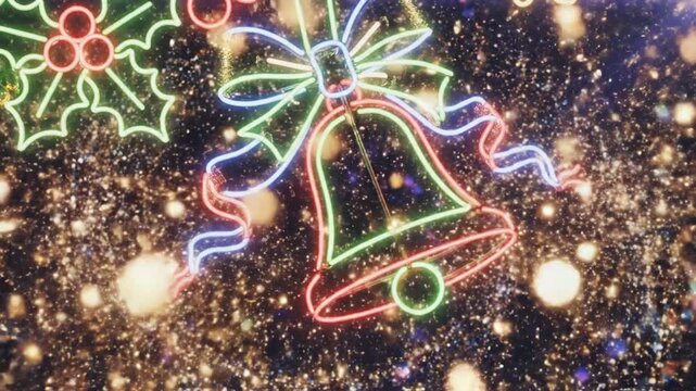 Vibrant neon Christmas bells with holly and ribbons glow amid twinkling festive lights bright color