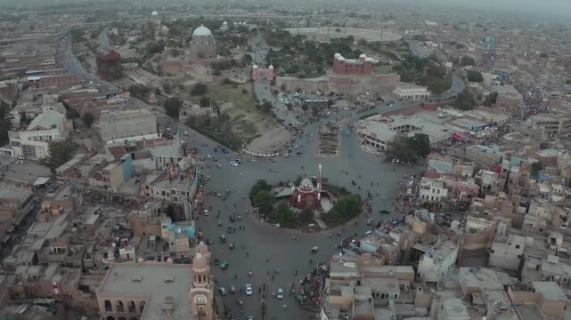 Aerial view of historic Ghanta Ghar and busy Multan city