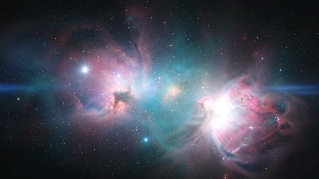 Vibrant cosmic cloudscape featuring swirling nebulas and distant stars against a dark backdrop.