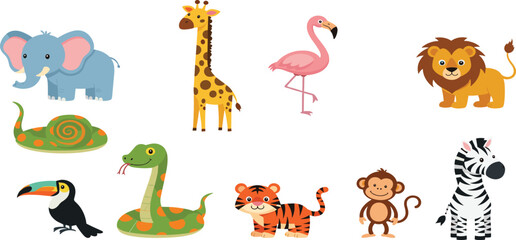 Fototapeta premium Set of Cute Wild Animal Cartoon Characters Including Elephant Giraffe Lion Tiger Zebra Monkey and Snake for Kids Education and Jungle Nature Vector